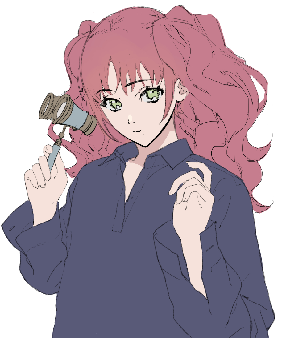 1girl binoculars closed_mouth collared_shirt copyright_request eyebrows_visible_through_hair green_eyes hands_up holding long_hair long_sleeves looking_at_viewer pink_hair purple_shirt sankomichi shirt simple_background solo two_side_up upper_body white_background wing_collar