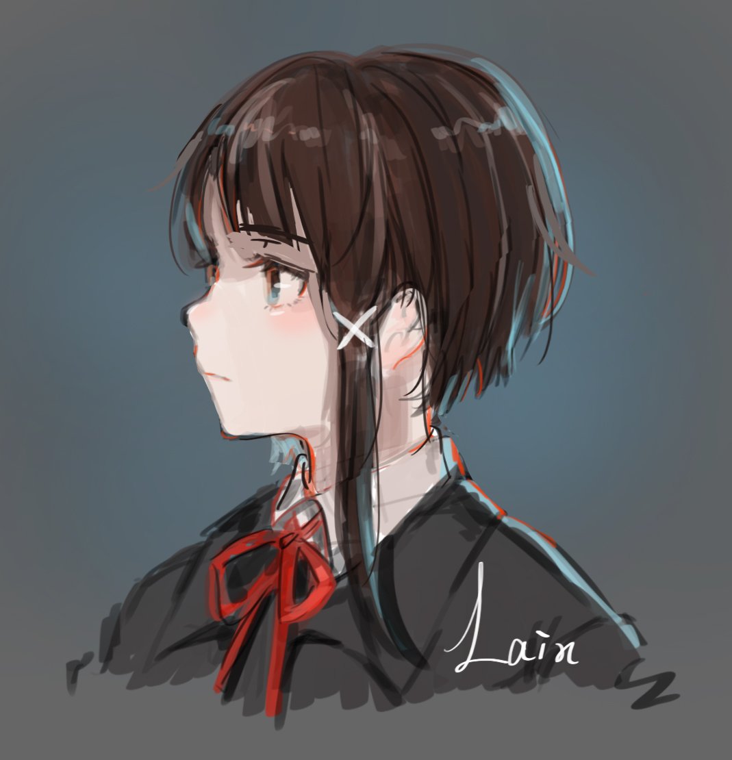 1girl asymmetrical_hair brown_hair character_name closed_mouth hair_ornament hairclip iwakura_lain menhera_yuan neck_ribbon portrait profile ribbon school_uniform serial_experiments_lain shenjing_yuan short_hair simple_background single_sidelock sketch solo x_hair_ornament