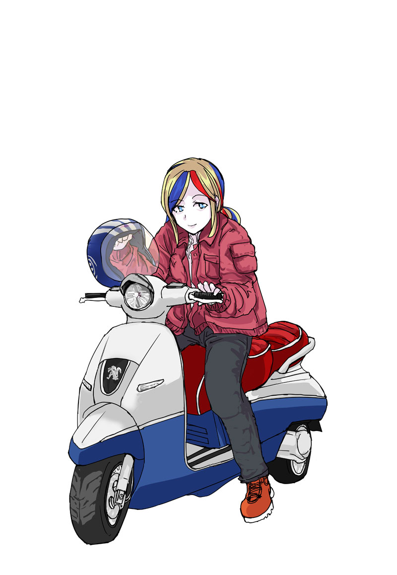 1girl alternate_costume alternate_hairstyle black_pants blonde_hair blue_eyes blue_hair commandant_teste_(kantai_collection) ground_vehicle headwear_removed helmet helmet_removed jacket kantai_collection long_hair looking_at_viewer low_ponytail moped motor_vehicle motorcycle_helmet multicolored_hair negative_space pants red_jacket redhead riding simple_background sitting solo streaked_hair urokoro white_background white_hair