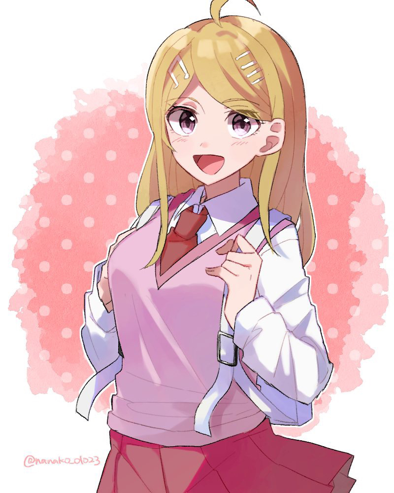 1girl :d ahoge akamatsu_kaede backpack bag bangs blonde_hair blush breasts collared_shirt commentary_request cowboy_shot dangan_ronpa hair_ornament hairclip holding_strap long_hair long_sleeves looking_at_viewer miniskirt musical_note_hair_ornament nanao_(nanao1023) necktie new_dangan_ronpa_v3 open_mouth pink_eyes pink_skirt pleated_skirt red_neckwear school_uniform shirt skirt smile solo sweater_vest twitter_username white_shirt
