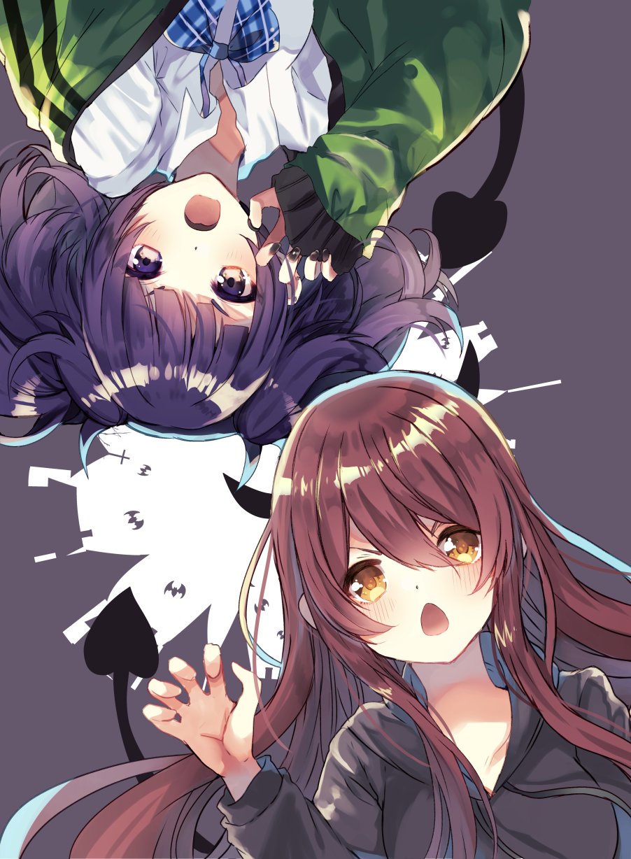 2girls bangs black_hoodie black_nails blue_bow bow bowtie brown_hair chestnut_mouth commentary_request demon_horns demon_tail diagonal_bangs green_jacket highres hood hoodie horns idolmaster idolmaster_shiny_colors ikusa_(puchi) jacket long_hair long_sleeves looking_at_viewer multiple_girls oosaki_tenka open_mouth plaid plaid_bow purple_hair school_uniform shirt short_twintails simple_background tail tanaka_mamimi twintails upper_body violet_eyes white_shirt yellow_eyes