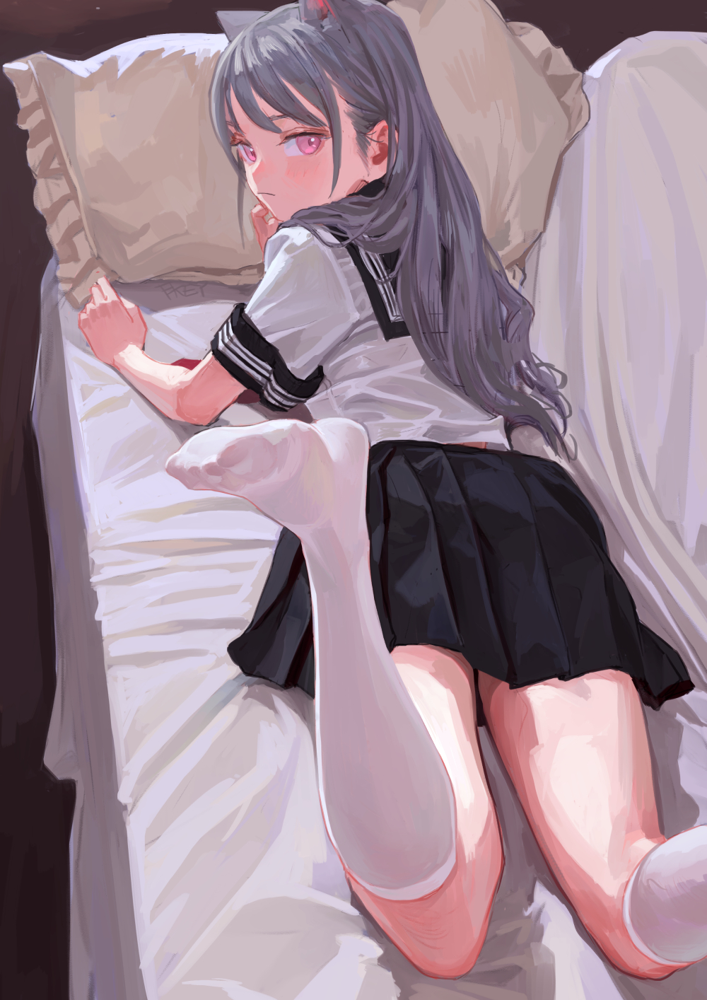 1girl animal_ears black_serafuku black_skirt blush cat_ears couch feiqizi_(fkey) fkey from_behind grey_hair highres kneehighs long_hair looking_at_viewer looking_back lying no_shoes on_couch on_stomach original pillow pink_eyes pleated_skirt school_uniform serafuku skirt socks solo thighs toes white_legwear