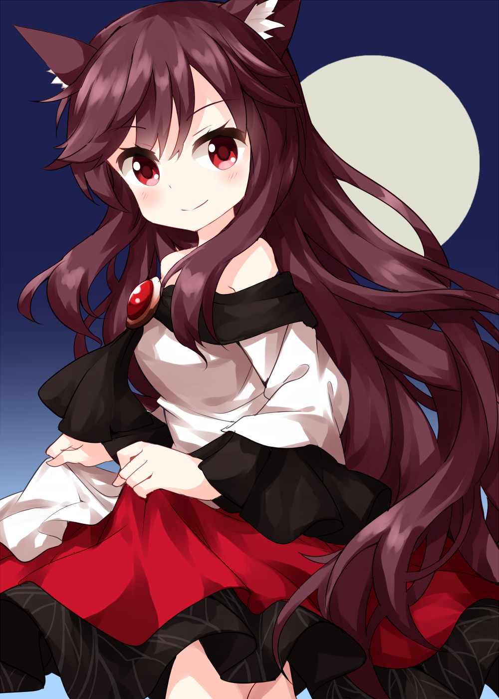 1girl animal_ear_fluff animal_ears bangs brooch brown_hair closed_mouth cowboy_shot dress eyebrows_visible_through_hair from_side full_moon highres holding holding_clothes holding_dress imaizumi_kagerou jewelry long_hair long_sleeves looking_at_viewer moon multicolored multicolored_clothes multicolored_dress night off-shoulder_dress off_shoulder outdoors red_dress red_eyes ruu_(tksymkw) simple_background smile solo standing touhou two-tone_dress v-shaped_eyebrows very_long_hair white_dress wide_sleeves wolf_ears