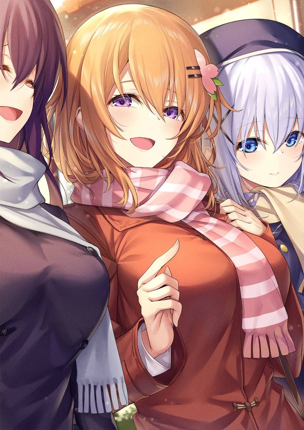 3girls :d ^_^ bangs beige_scarf blue_eyes blue_hair breasts closed_eyes coat commentary double-breasted girl_sandwich gochuumon_wa_usagi_desu_ka? hair_between_eyes hair_ornament hairclip hat highres hoto_cocoa kafuu_chino ks_(xephyrks) large_breasts long_sleeves looking_at_viewer multiple_girls older open_mouth orange_coat orange_hair purple_coat purple_hair sandwiched scarf smile striped striped_scarf tedeza_rize upper_body white_scarf x_hair_ornament