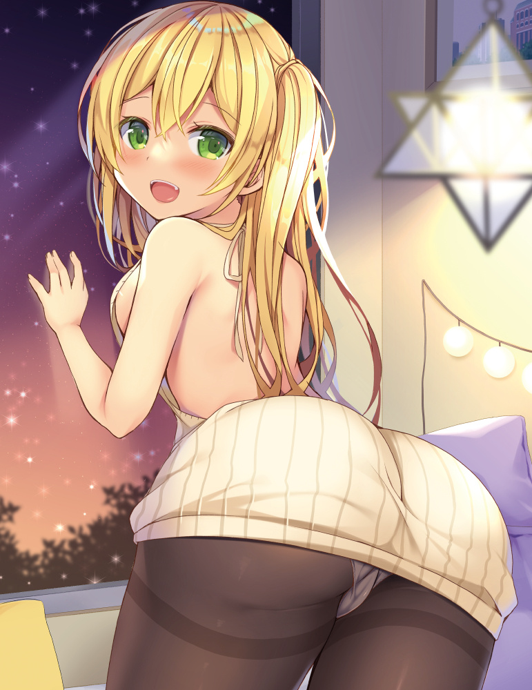 1girl :d ass back backless_outfit bare_arms bare_shoulders bent_over blonde_hair breasts brown_legwear cowboy_shot dress fang from_behind green_eyes indoors long_hair looking_at_viewer looking_back medium_breasts meme_attire mori_airi no_bra one_side_up open_mouth original pantyhose ribbed_sweater smile solo standing sweater sweater_dress thighband_pantyhose virgin_killer_sweater