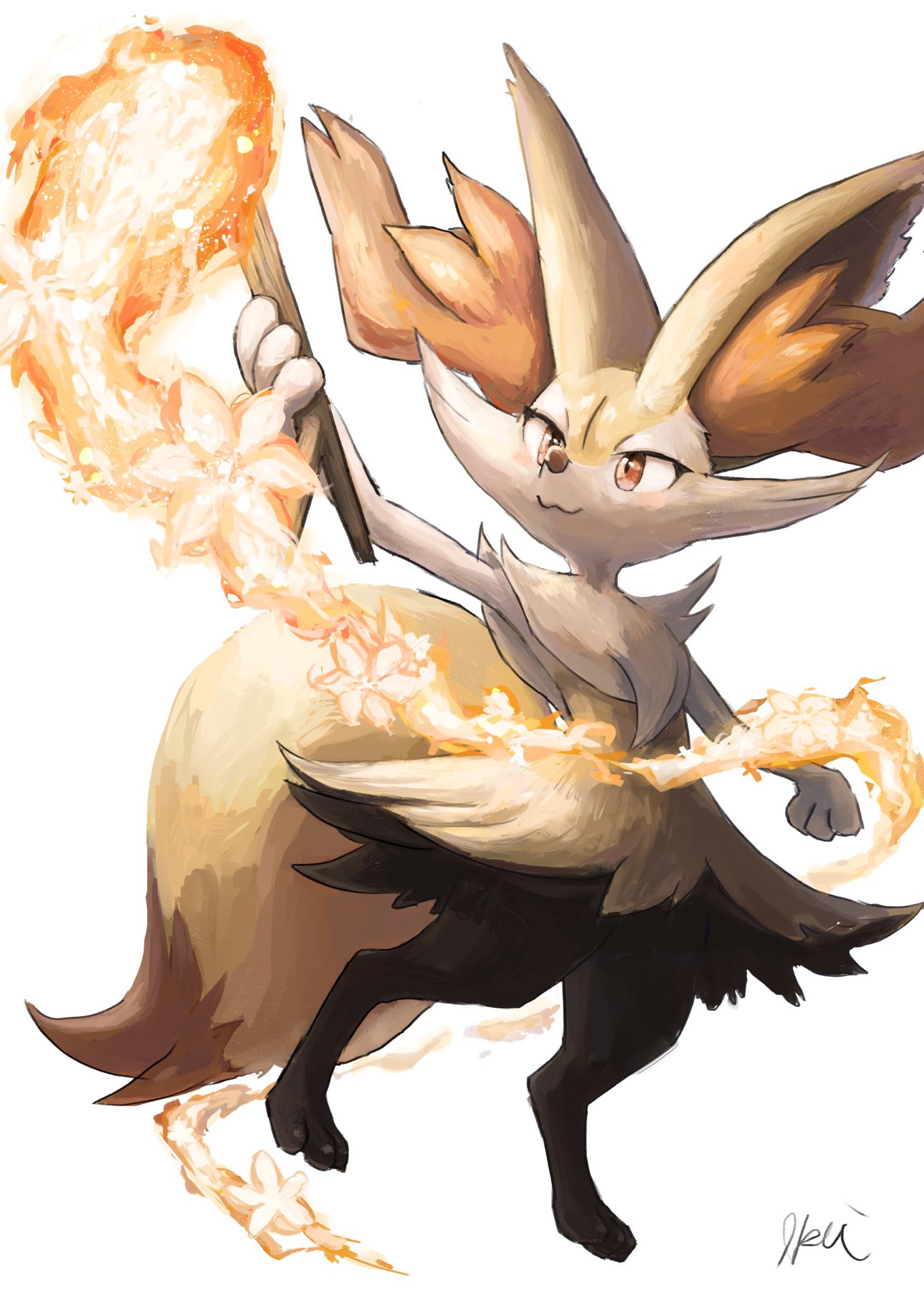1girl :3 animal_ear_fluff animal_ears arm_up artist_name braixen closed_mouth commentary dutch_angle english_commentary fire fox_ears fox_girl fox_tail furry gen_6_pokemon happy highres holding ikei jpeg_artifacts looking_up mixed-language_commentary paws pokemon pokemon_(creature) red_eyes signature simple_background smile solo stick tail white_background