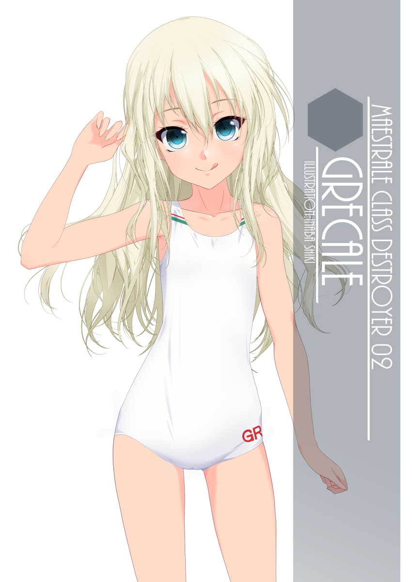 1girl :p artist_name blonde_hair blue_eyes character_name collarbone cowboy_shot eyebrows_visible_through_hair flat_chest grecale_(kantai_collection) hair_between_eyes highres inaba_shiki kantai_collection long_hair one-piece_swimsuit solo standing swimsuit tongue tongue_out wavy_hair white_swimsuit