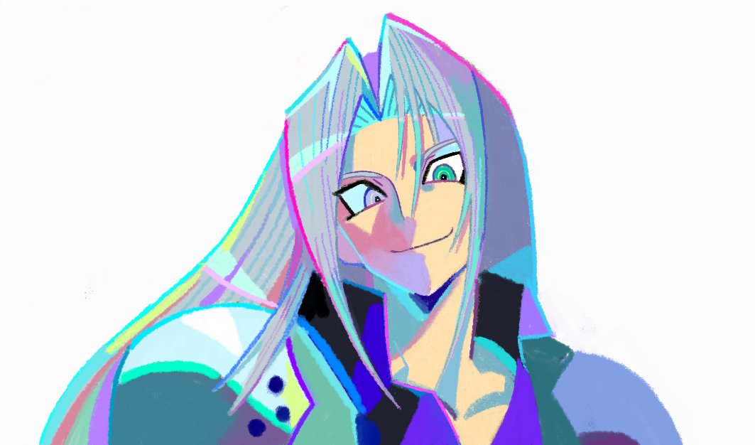 1boy aqua_eyes armor bangs blue_eyes closed_mouth collarbone colorful commentary denaseey english_commentary face final_fantasy final_fantasy_vii grey_background hair_between_eyes hair_intakes head_tilt heterochromia long_hair looking_at_viewer male_focus portrait sephiroth shoulder_armor simple_background smile solo