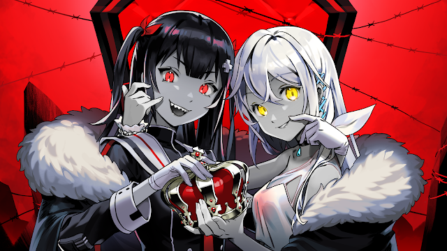 2girls artist_request bangs barbed_wire black_choker black_hair black_shirt choker coat commentary_request crown eyebrows_visible_through_hair fur-trimmed_coat fur_trim hair_ornament king_(vocaloid) kurone_yomi looking_at_viewer mixed-language_commentary multiple_girls open_mouth qualia_qu re:act red_eyes sailor_collar sailor_shirt scrunchie second-party_source sharp_teeth shirt teeth thai_commentary throne two_side_up virtual_youtuber white_hair white_sailor_collar white_scrunchie wrist_scrunchie yellow_eyes