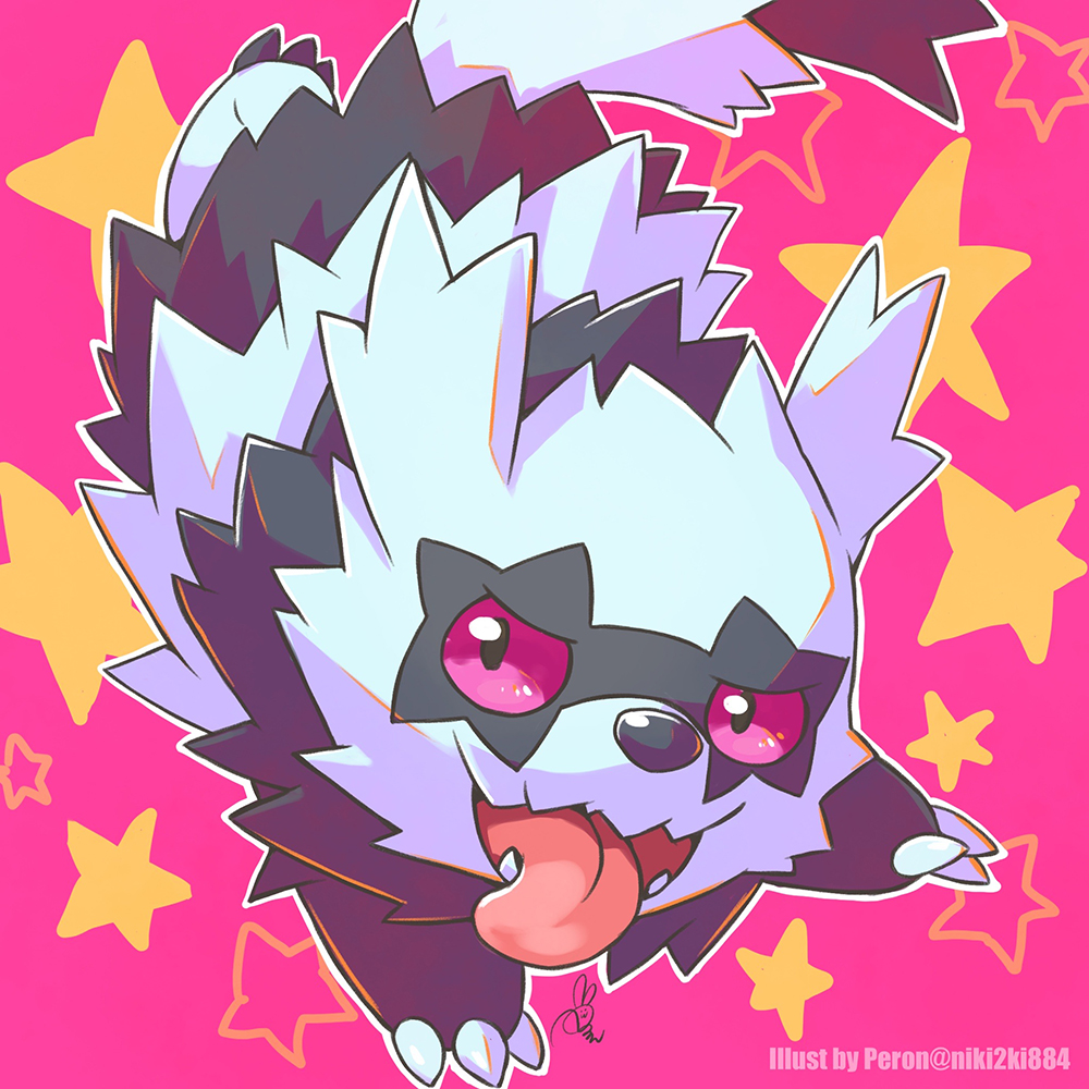 artist_name claws commentary_request galarian_form galarian_zigzagoon gen_8_pokemon no_humans open_mouth outline peron_(niki2ki884) pink_background pokemon pokemon_(creature) sideways_glance solo star_(symbol) tongue tongue_out violet_eyes watermark