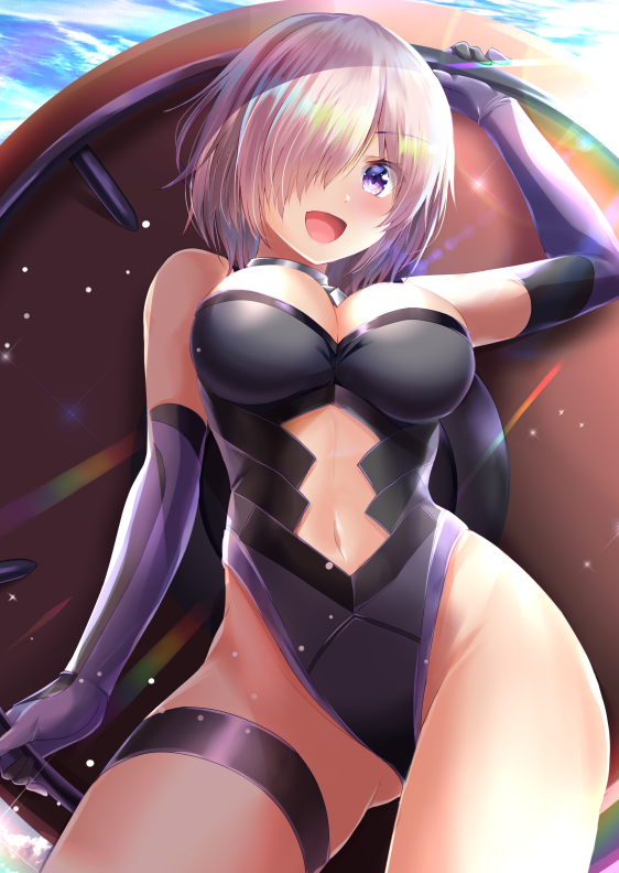 1girl black_leotard breasts clothing_cutout commentary_request cowboy_shot elbow_gloves fate/grand_order fate_(series) gloves hair_over_one_eye highleg highleg_leotard holding holding_shield izumi_akane leotard looking_at_viewer mash_kyrielight medium_breasts navel_cutout purple_gloves purple_hair shield short_hair smile solo standing violet_eyes