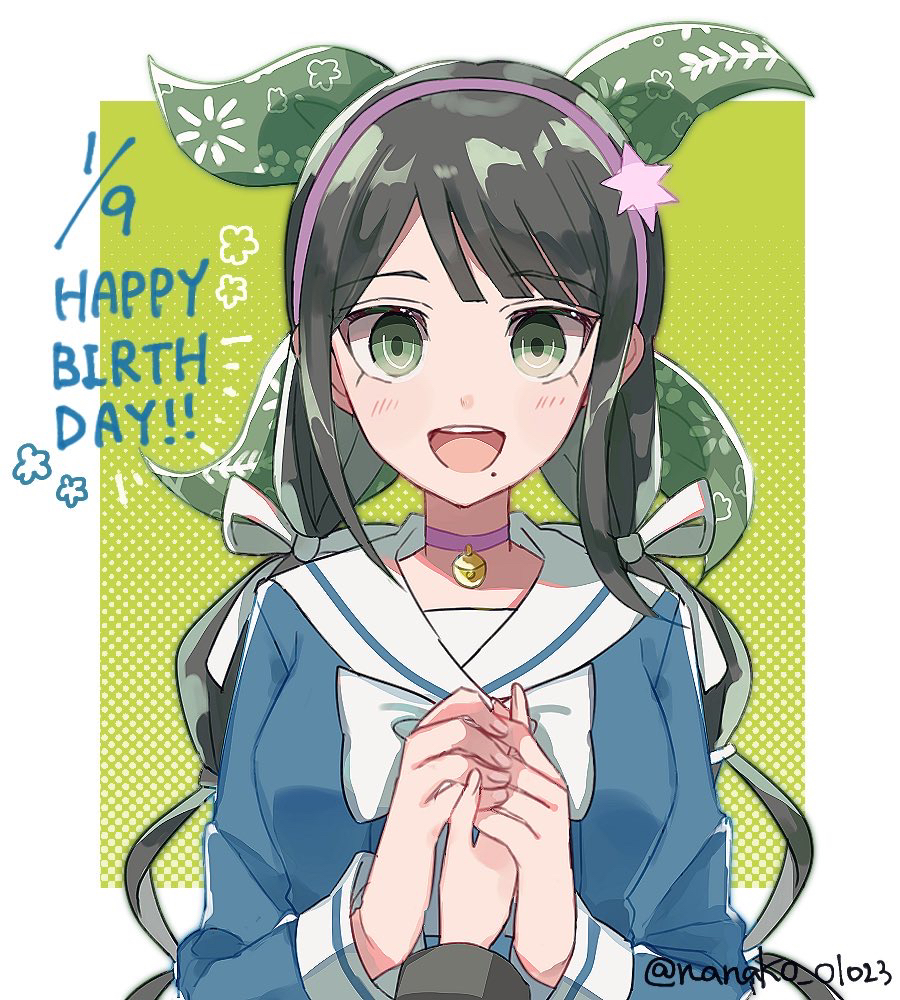 1girl 1other :d bangs black_hair chabashira_tenko choker commentary_request dangan_ronpa dated green_background green_eyes hair_ornament hair_ribbon hairband halftone halftone_background hands_together happy_birthday holding_hands long_hair long_sleeves looking_at_viewer low_twintails mole mole_under_mouth nanao_(nanao1023) new_dangan_ronpa_v3 open_mouth pink_hairband ribbon school_uniform shirt skirt smile solo_focus twintails white_ribbon