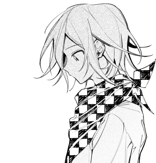 1boy bangs checkered checkered_neckwear checkered_scarf closed_mouth commentary_request dangan_ronpa from_side greyscale hambagseu jacket looking_down male_focus monochrome new_dangan_ronpa_v3 ouma_kokichi profile scarf short_hair solo upper_body