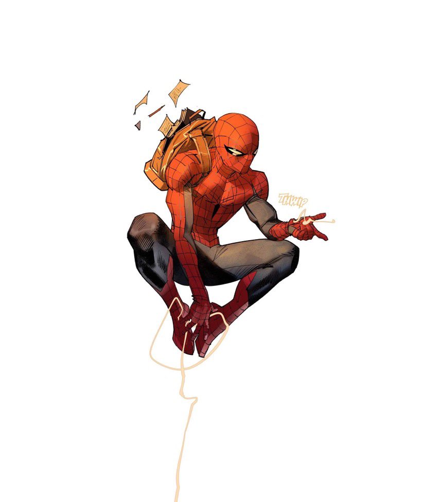 1boy \m/ backpack bag dan_mora floating flying_paper looking_ahead marvel paper papers silk solo spider-man spider-man_(series) spider_web spider_web_print squinting superhero white_background white_eyes