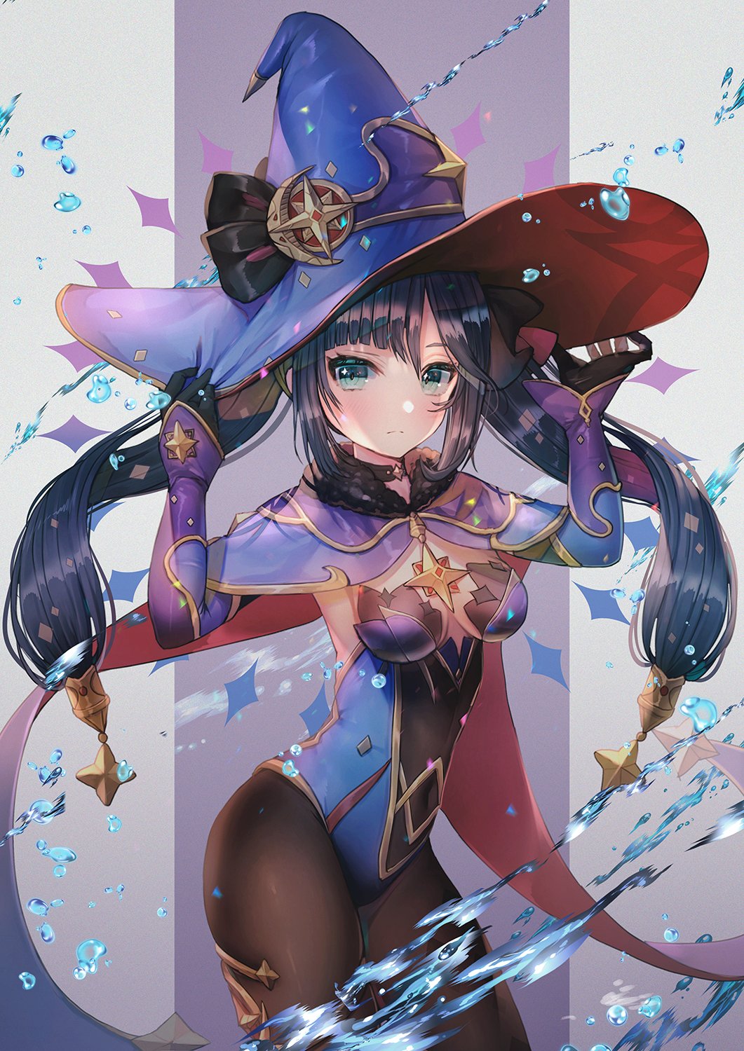 1girl armpit_peek arms_up black_gloves black_hair blue_eyes blue_headwear blue_leotard breasts brown_legwear cape closed_mouth cowboy_shot detached_sleeves genshin_impact gloves gold_trim hanato_(seonoaiko) hat highres leotard long_hair long_sleeves looking_at_viewer medium_breasts mona_(genshin_impact) pantyhose sidelocks solo standing thighs twintails water witch_hat