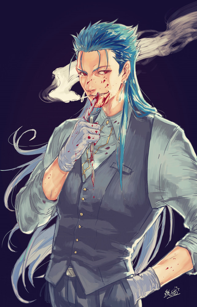 1boy blood blood_on_face bloody_hands blue_hair cigarette closed_mouth collared_shirt cu_chulainn_(fate)_(all) cu_chulainn_(fate/grand_order) earrings fang fate/grand_order fate_(series) finger_to_mouth gloves grin hand_in_pocket heroic_spirit_formal_dress jewelry jiao_mao long_hair male_focus red_eyes scalpel shiny shirt shushing signature simple_background sleeves_rolled_up smile smoke smoking solo spiky_hair type-moon vest weapon