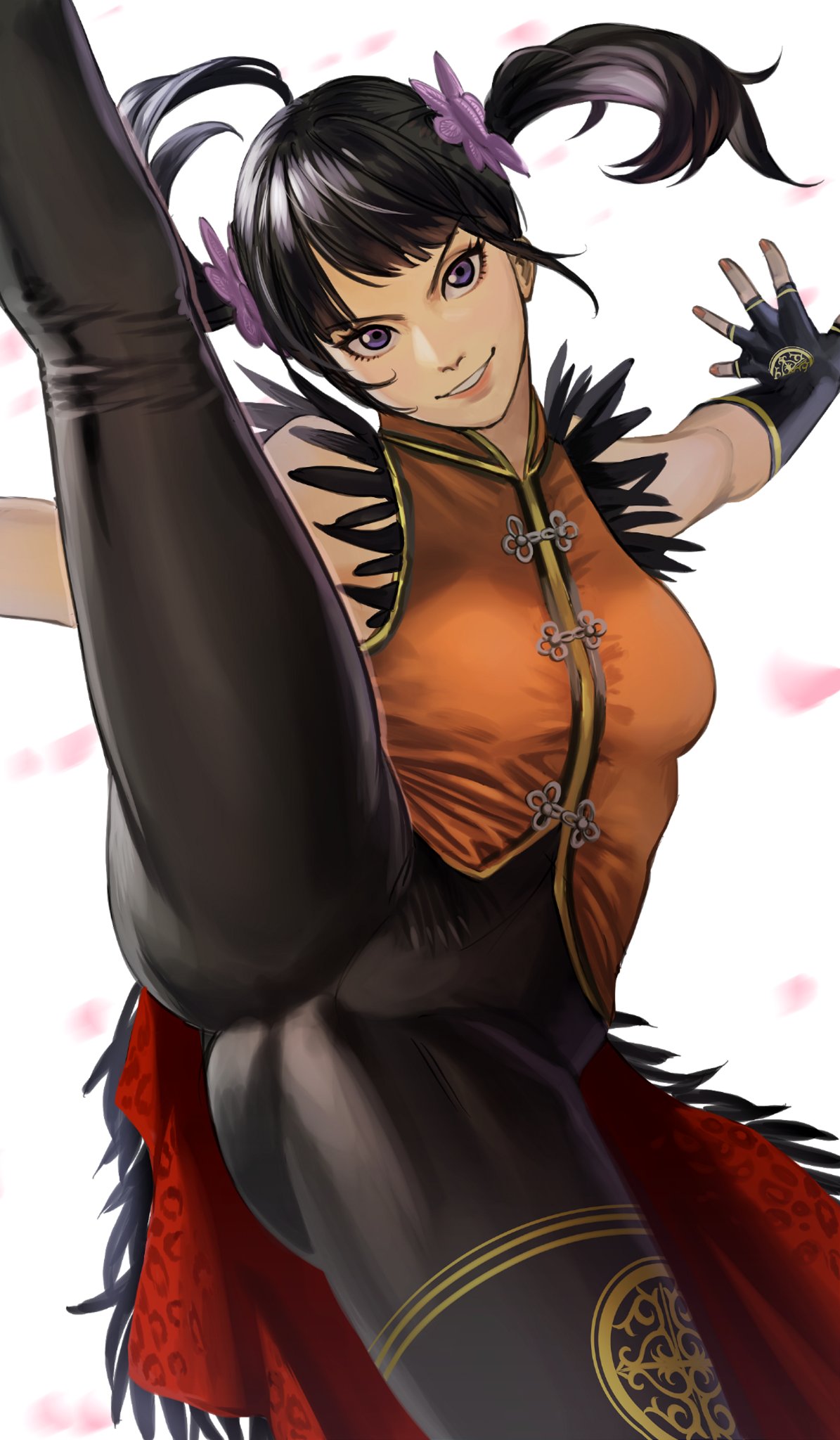 1girl ass_visible_through_thighs black_bodysuit black_gloves black_hair bodysuit breasts china_dress chinese_clothes commentary dress english_commentary feather_trim fingernails flexible gloves grin hair_ornament hanny_(uirusu_chan) high_kick highres kicking ling_xiaoyu looking_at_viewer medium_hair namco orange_dress petals print_legwear sleeveless sleeveless_dress small_breasts smile solo tekken tekken_7 violet_eyes white_background