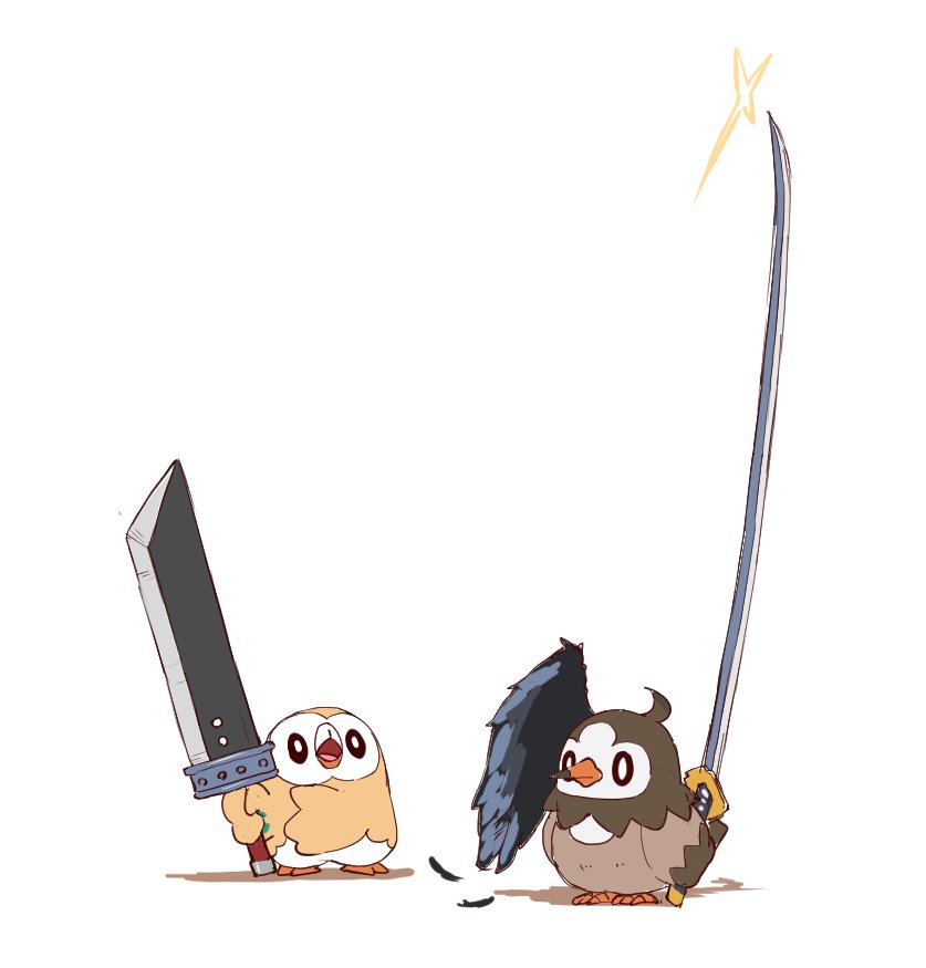 bird black_eyes buster_sword closed_mouth feathers final_fantasy final_fantasy_vii gen_4_pokemon gen_7_pokemon holding holding_sword holding_weapon looking_up masamune no_humans open_mouth piku_(another_pikuru) pokemon pokemon_(creature) rowlet simple_background standing starly starter_pokemon sword tongue weapon white_background