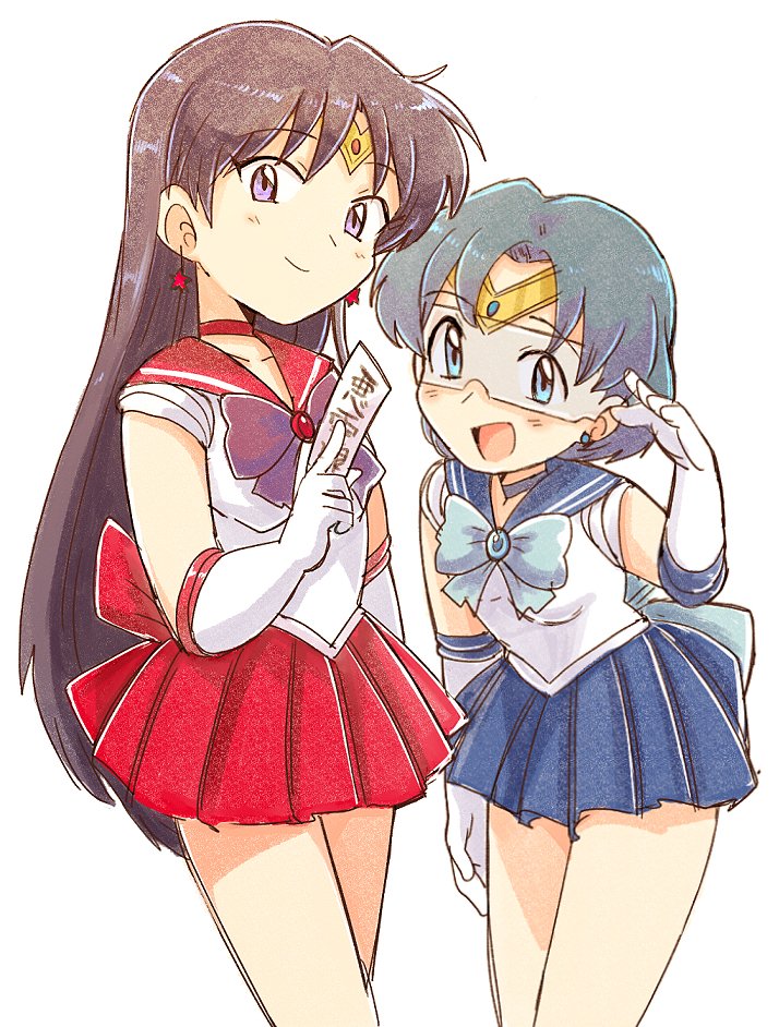 2girls back_bow bishoujo_senshi_sailor_moon black_hair blue_bow blue_choker blue_eyes blue_hair blue_sailor_collar blue_skirt blush bow choker circlet earrings elbow_gloves gloves hino_rei inner_senshi jewelry long_hair looking_at_viewer magical_girl mizuno_ami multiple_girls pleated_skirt red_sailor_collar red_skirt ribbon sailor_collar sailor_mars sailor_mercury sailor_senshi sailor_senshi_uniform short_hair skirt star_(symbol) star_earrings stud_earrings tsubobot violet_eyes white_gloves