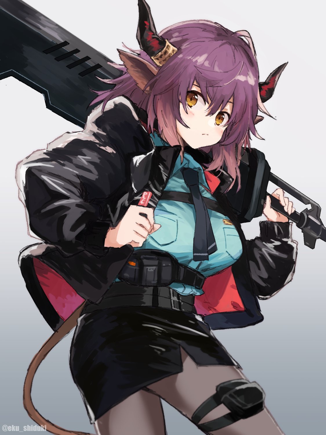 1girl animal_ears arknights artist_request belt black_jacket black_legwear black_neckwear black_skirt blue_shirt breast_pocket brown_eyes collared_shirt cow_ears cow_horns cow_tail dress_shirt gradient gradient_background grey_background highres holding holding_sword holding_weapon horns jacket long_sleeves looking_at_viewer necktie open_clothes open_jacket over_shoulder pantyhose pocket pouch purple_hair shirt short_hair sideroca_(arknights) skirt solo sword sword_over_shoulder tail thigh_pouch utility_belt weapon weapon_over_shoulder