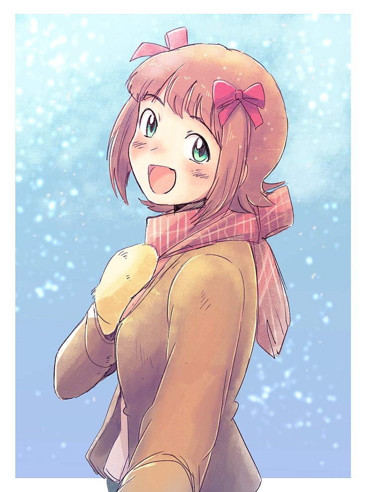 1girl amami_haruka blush bow brown_hair coat eyebrows_visible_through_hair gloves green_eyes hair_bow idolmaster idolmaster_(classic) long_sleeves looking_at_viewer open_mouth outstretched_arm plaid plaid_scarf red_bow scarf short_hair simple_background skirt snow tsubobot yellow_gloves