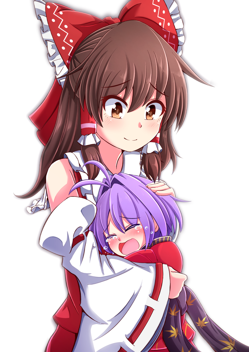2girls antenna_hair aospanking bare_shoulders blush bow brown_eyes brown_hair closed_eyes commentary_request crying detached_sleeves eyebrows_visible_through_hair hair_between_eyes hair_bow hair_intakes hair_tubes hakurei_reimu half_updo hand_on_another's_head head_on_chest hug japanese_clothes kimono leaf_print long_hair looking_at_another looking_down minigirl motherly multiple_girls obi partial_commentary purple_hair red_kimono red_vest ribbon-trimmed_sleeves ribbon_trim sash short_sleeves sidelocks simple_background smile sukuna_shinmyoumaru tears touhou vest white_background