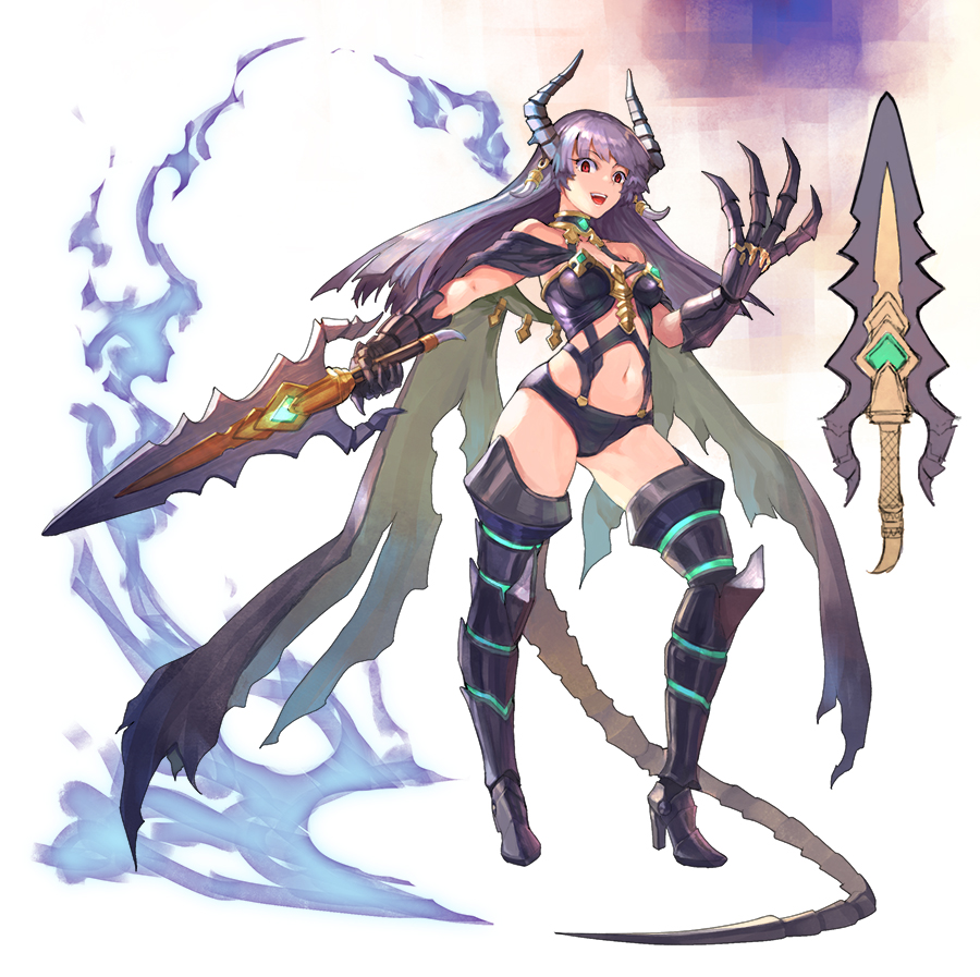 1girl armor bare_shoulders clawed_gauntlets demon_girl demon_horns demon_tail dragon_girl dragon_horns dragon_tail earrings eyebrows_visible_through_hair fake_wings gauntlets gem glowing greaves high_heels holding holding_sword holding_weapon horns jewelry long_hair navel open_mouth original purple_hair red_eyes rein00 slit_pupils smile solo standing sword tail teeth tongue tooth_earrings torn torn_clothes upper_teeth weapon wings