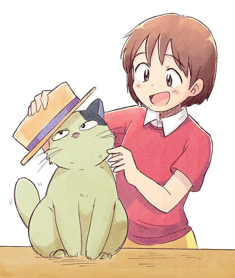 1girl blush_stickers brown_eyes brown_hair cat collared_shirt hand_on_headwear hat holding holding_clothes holding_hat looking_away mimi_wo_sumaseba open_mouth red_shirt shirt short_hair skirt studio_ghibli the_baron top_hat tsubobot tsukishima_shizuku whiskers