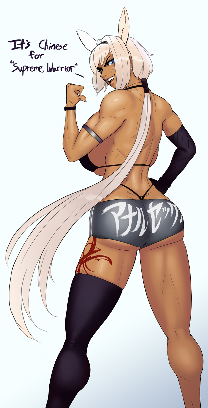 1girl aka6 animal_ears armlet ass back backboob bare_shoulders biceps bikini black_bikini black_gloves black_hairband black_legwear blue_eyes breasts caenis_(fate) check_translation clothes_writing commentary dark_skin dark-skinned_female elbow_gloves english_commentary english_text fang fate/grand_order fate_(series) fingernails gloves grey_background hair_intakes hairband highres horse_ears huge_breasts kneepits leg_tattoo looking_back low_ponytail muscle muscular_female nose pointing pointing_at_self sharp_fingernails short_shorts shorts single_elbow_glove single_thighhigh solo standing swimsuit tattoo thick_thighs thigh-highs thighs thong_bikini translation_request under_boob upper_teeth white_hair