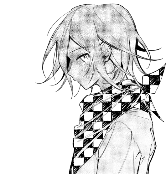 1boy bangs checkered checkered_neckwear checkered_scarf closed_mouth commentary_request dangan_ronpa from_side greyscale hambagseu jacket looking_at_viewer looking_to_the_side male_focus monochrome new_dangan_ronpa_v3 ouma_kokichi profile scarf short_hair solo tearing_up upper_body