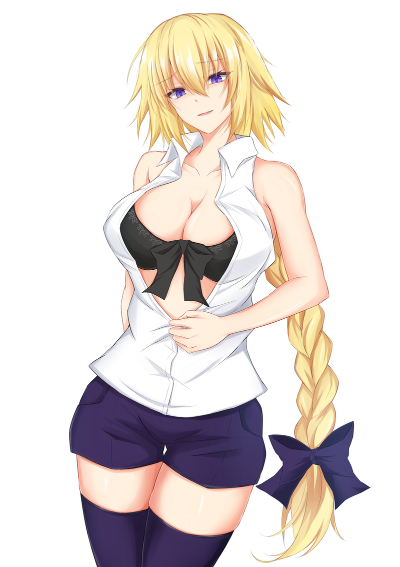 1girl bangs bare_arms bare_shoulders black_bra blonde_hair bow bra braid breasts collarbone commentary_request commission cowboy_shot eyebrows_visible_through_hair fate/apocrypha fate_(series) hair_between_eyes hair_bow head_tilt jeanne_d'arc_(fate) jeanne_d'arc_(fate)_(all) large_breasts long_braid long_hair looking_at_viewer parted_lips piro_(prwtrs) purple_bow purple_legwear purple_shorts shirt short_shorts shorts simple_background skeb_commission sleeveless sleeveless_shirt smile solo standing thigh-highs thighs underwear very_long_hair violet_eyes white_background white_shirt
