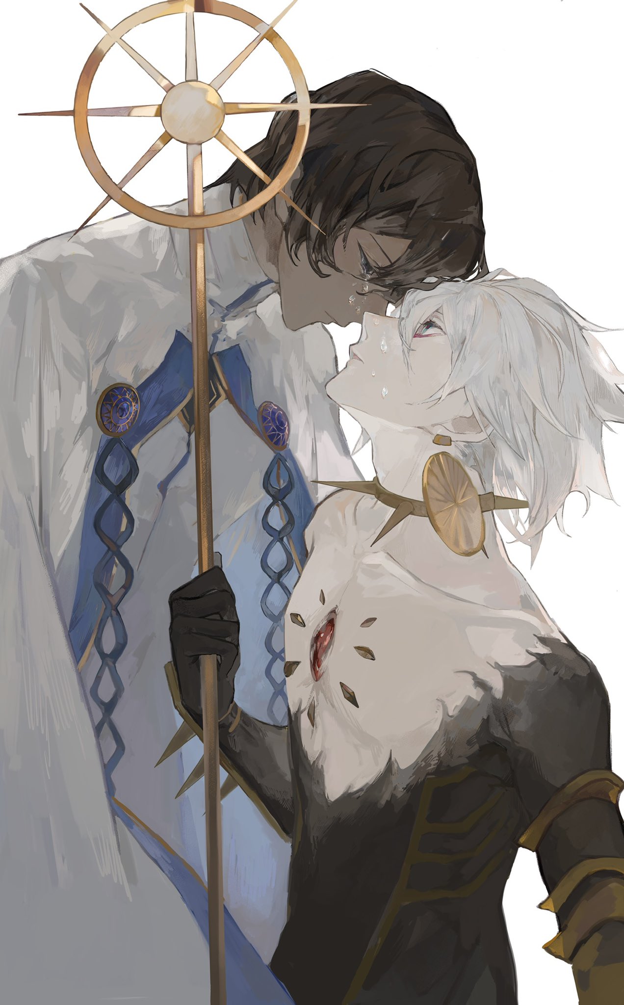 2boys arjuna_(fate/grand_order) black_bodysuit bodysuit cloak collar crying crying_with_eyes_open dark_skin dark_skinned_male eye_contact eyeshadow face-to-face fate/grand_order fate_(series) highres holding holding_weapon jewelry karna_(fate) lance looking_at_another makeup multiple_boys pale_skin polearm single_earring spiked_collar spikes surume_(su1193) teardrop tears upper_body weapon white_background white_cloak