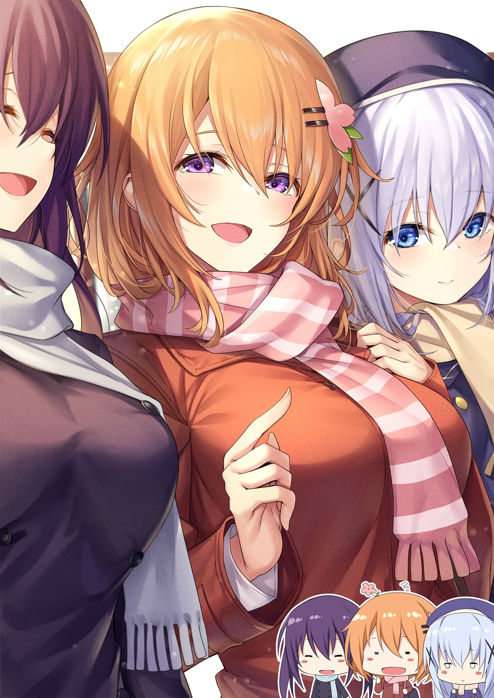 3girls :d ^_^ bangs beige_scarf blue_eyes blue_hair breasts chibi chibi_inset closed_eyes coat commentary double-breasted flower flower_on_head girl_sandwich gochuumon_wa_usagi_desu_ka? hair_between_eyes hair_ornament hairclip hat highres hoto_cocoa kafuu_chino ks_(xephyrks) large_breasts long_sleeves looking_at_viewer multiple_girls older open_mouth orange_coat orange_hair outline purple_coat purple_hair sandwiched scarf smile striped striped_scarf tedeza_rize upper_body white_outline white_scarf x_hair_ornament