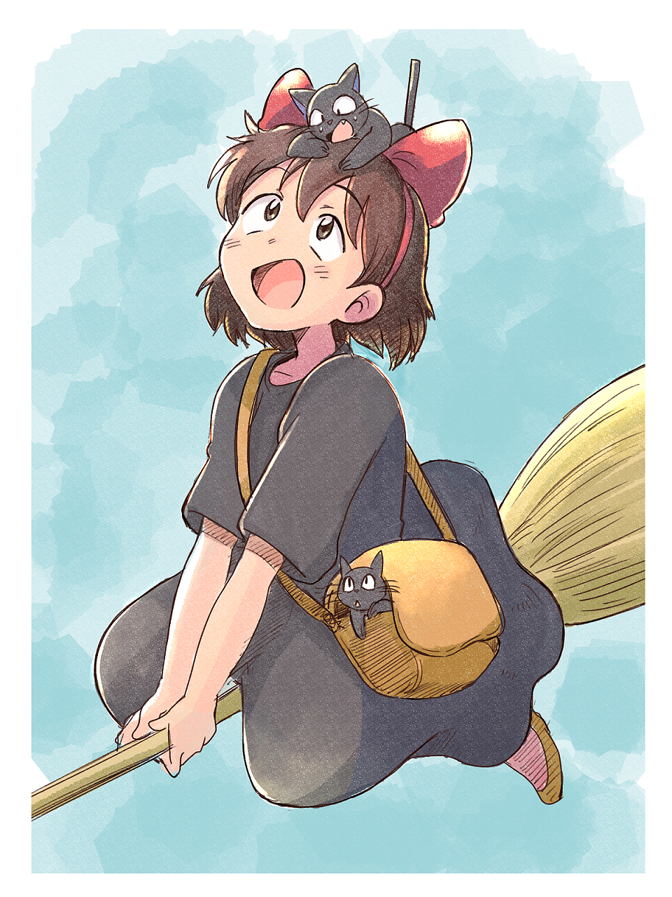 1girl :d animal_on_head bag black_cat blue_sky bow broom broom_riding brown_hair cat cat_on_head dress flying full_body hair_bow hairband highres jiji_(majo_no_takkyuubin) kiki majo_no_takkyuubin on_head open_mouth outdoors red_bow red_hairband shoes short_hair sky smile tsubobot witch