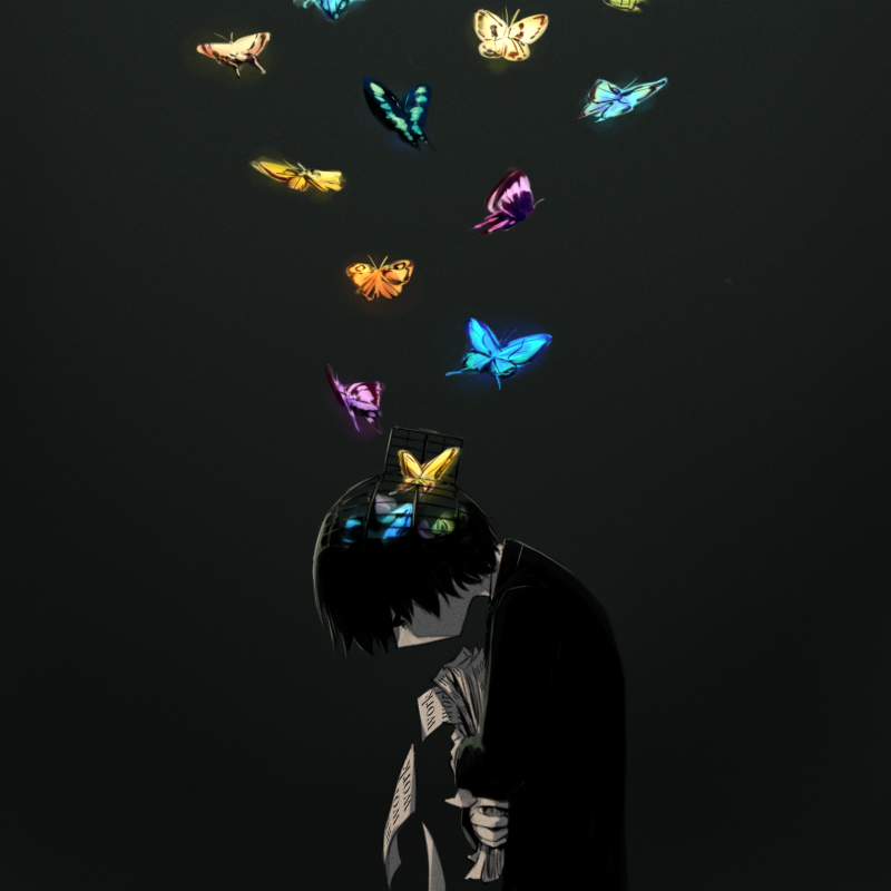 1boy avogado6 black_eyes black_hair black_jacket blue_butterfly bug butterfly colored_skin from_side holding holding_paper insect jacket long_sleeves looking_down orange_butterfly original paper profile purple_butterfly solo spot_color white_skin yellow_butterfly