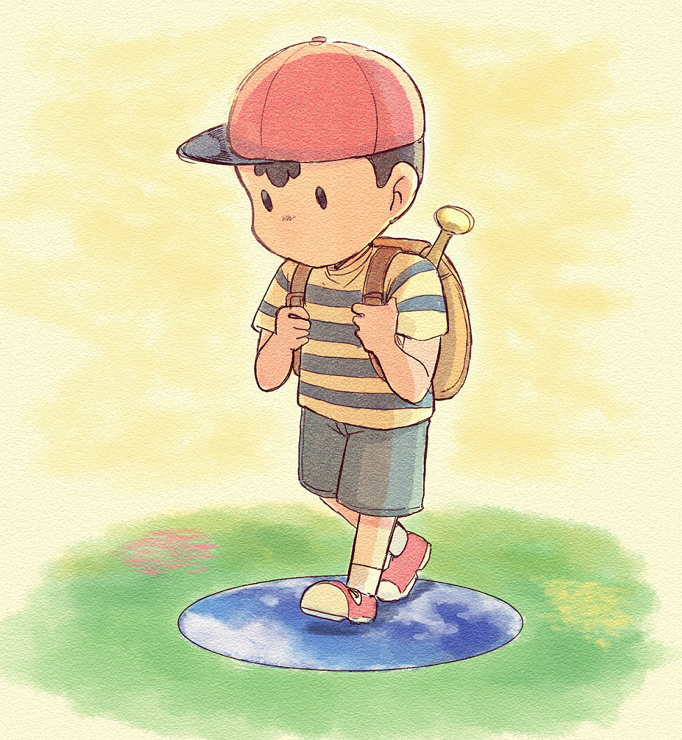 1boy backpack bag baseball_bat baseball_cap black_eyes black_hair full_body hat looking_down male_focus mother_(game) mother_2 ness_(mother_2) red_headwear shirt shoes shorts simple_background socks solo striped striped_shirt t-shirt tsubobot walking