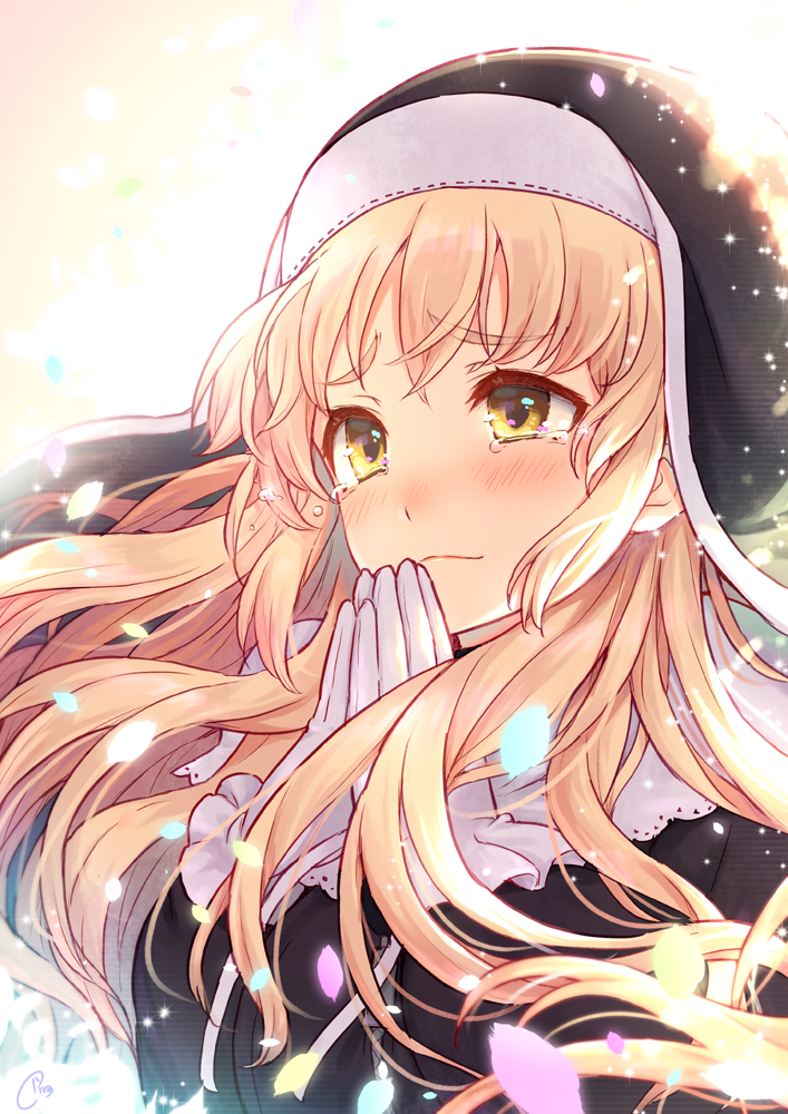1girl backlighting bangs black_dress blonde_hair blush closed_mouth commentary_request crying crying_with_eyes_open dress eyebrows_visible_through_hair gloves habit long_hair long_sleeves nijisanji nun petals piro_(orip) praying signature sister_cleaire smile solo sparkle tears upper_body virtual_youtuber white_gloves yellow_eyes