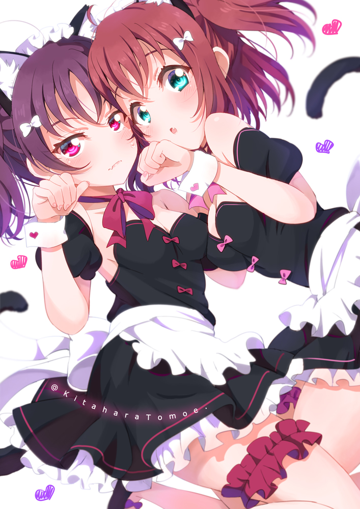 2girls animal_ears apron aqua_eyes black_dress bow bowtie breasts cat_ears cat_tail dress fake_animal_ears fake_tail frilled_apron frills hair_bow kazuno_leah kitahara_tomoe_(kitahara_koubou) kurosawa_ruby looking_at_viewer love_live! love_live!_sunshine!! multiple_girls open_mouth paw_pose purple_hair redhead short_hair small_breasts strapless strapless_dress tail thigh_scrunchie twintails twitter_username two_side_up violet_eyes waist_apron white_apron white_bow wrist_cuffs