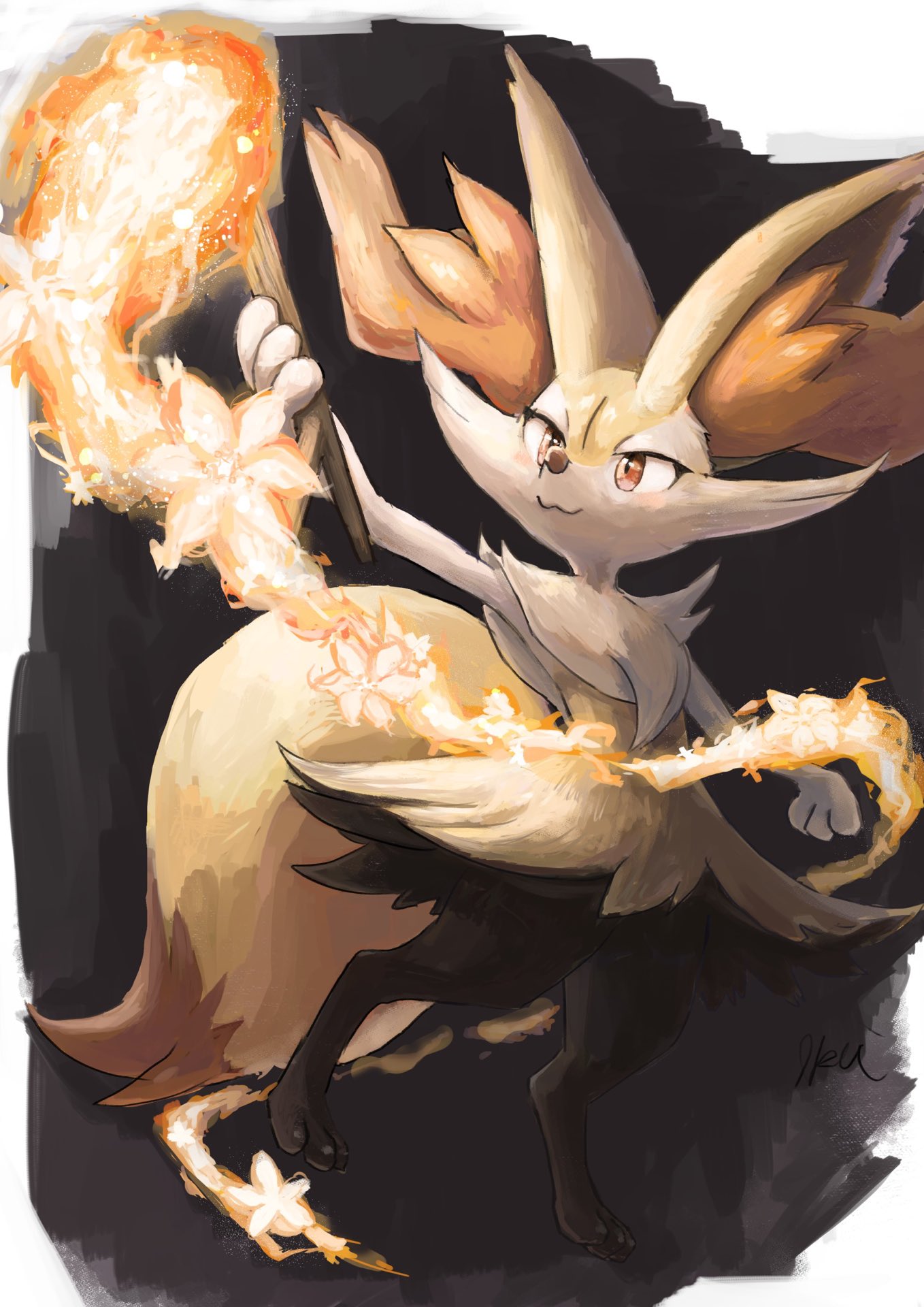 1girl :3 animal_ear_fluff animal_ears arm_up artist_name black_background border braixen closed_mouth commentary dutch_angle english_commentary fire fox_ears fox_girl fox_tail furry gen_6_pokemon happy highres holding ikei jpeg_artifacts looking_up mixed-language_commentary paws pokemon pokemon_(creature) red_eyes signature simple_background smile solo stick tail white_border