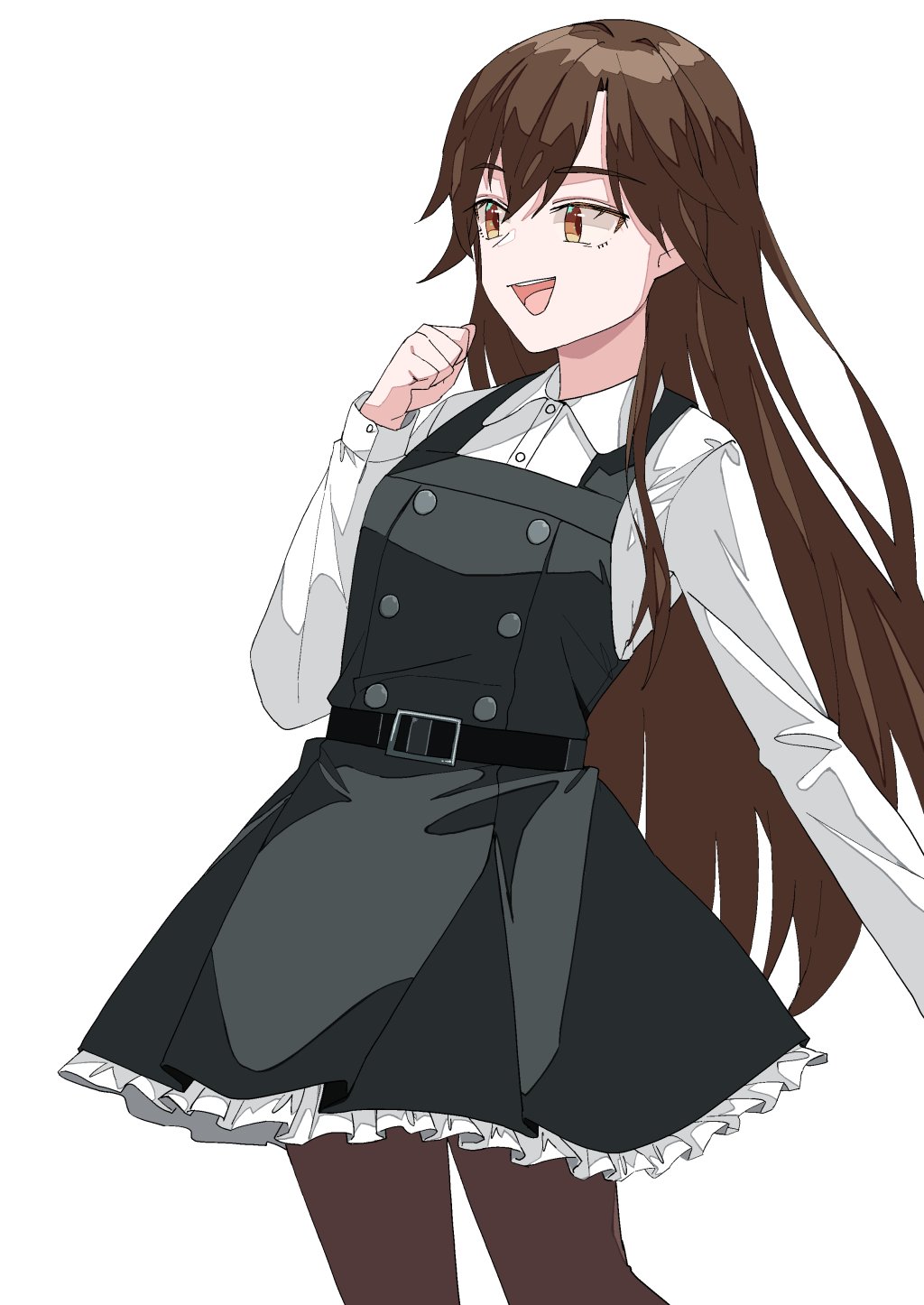 1girl arashio_(kantai_collection) black_legwear brown_eyes brown_hair dress frilled_dress frills highres itouebiko kantai_collection long_hair long_sleeves pantyhose pinafore_dress remodel_(kantai_collection) shirt simple_background solo standing white_background white_shirt