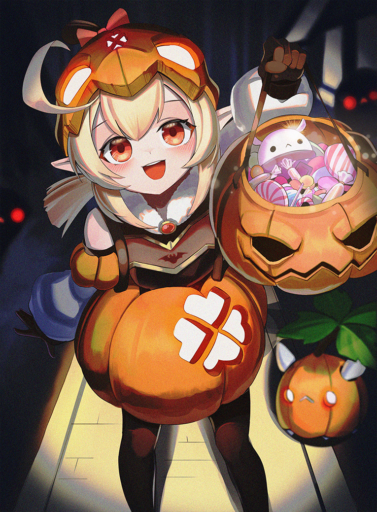 1girl ahoge alternate_costume arm_up bare_shoulders basket blonde_hair blush bomb bow brown_gloves candy costume film_grain food genshin_impact gloves halloween halloween_costume helmet holding holding_basket jack-o'-lantern jsih klee_(genshin_impact) long_hair looking_at_another open_mouth orange_eyes pointy_ears pumpkin red_bow sleeves_past_wrists smile solo standing teeth tongue twintails upper_teeth