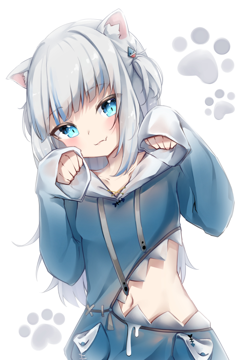 1girl animal_costume animal_ear_fluff animal_ears animal_hood bangs blue_eyes blue_hair blue_hoodie blunt_bangs blush breasts cat_ears collarbone cowboy_shot drawstring english_commentary eyebrows_visible_through_hair fang fang_out fish_skeleton gawr_gura hair_ornament head_tilt highres hololive hololive_english hood hood_down hoodie kemonomimi_mode long_sleeves looking_at_viewer medium_hair multicolored_hair navel paw_background paw_pose shark_costume shark_hair_ornament shark_hood shark_print side_cutout sidelocks silver_hair simple_background sleeves_past_wrists small_breasts smile solo standing streaked_hair two_side_up umou_(may65879) virtual_youtuber white_background wide_sleeves