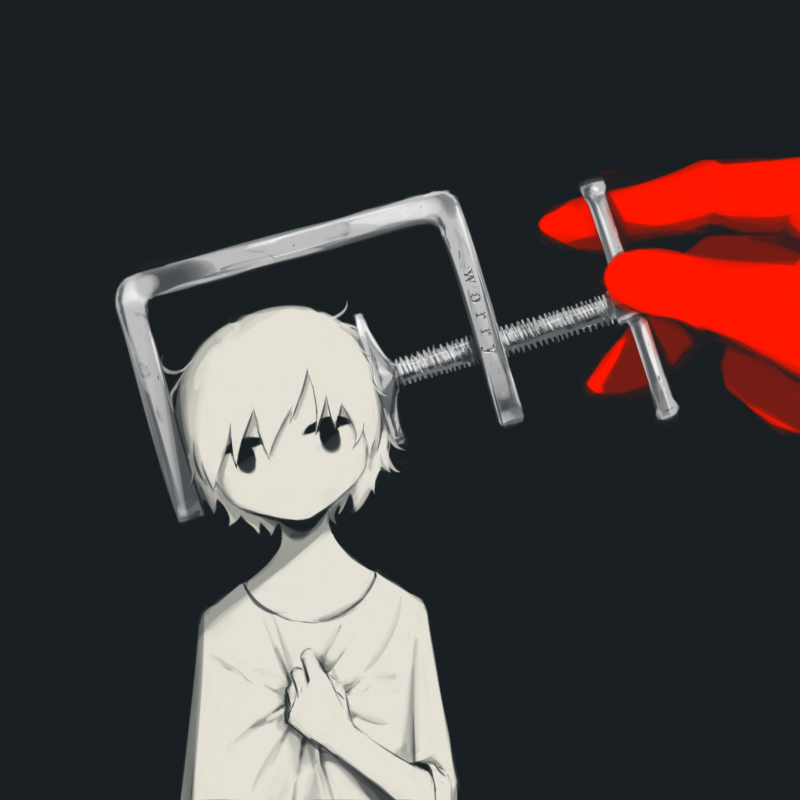 1boy 1other avogado6 black_background black_eyes clutching_chest colored_skin head_tilt jitome original out_of_frame red_skin shirt simple_background solo tagme white_hair white_shirt white_skin