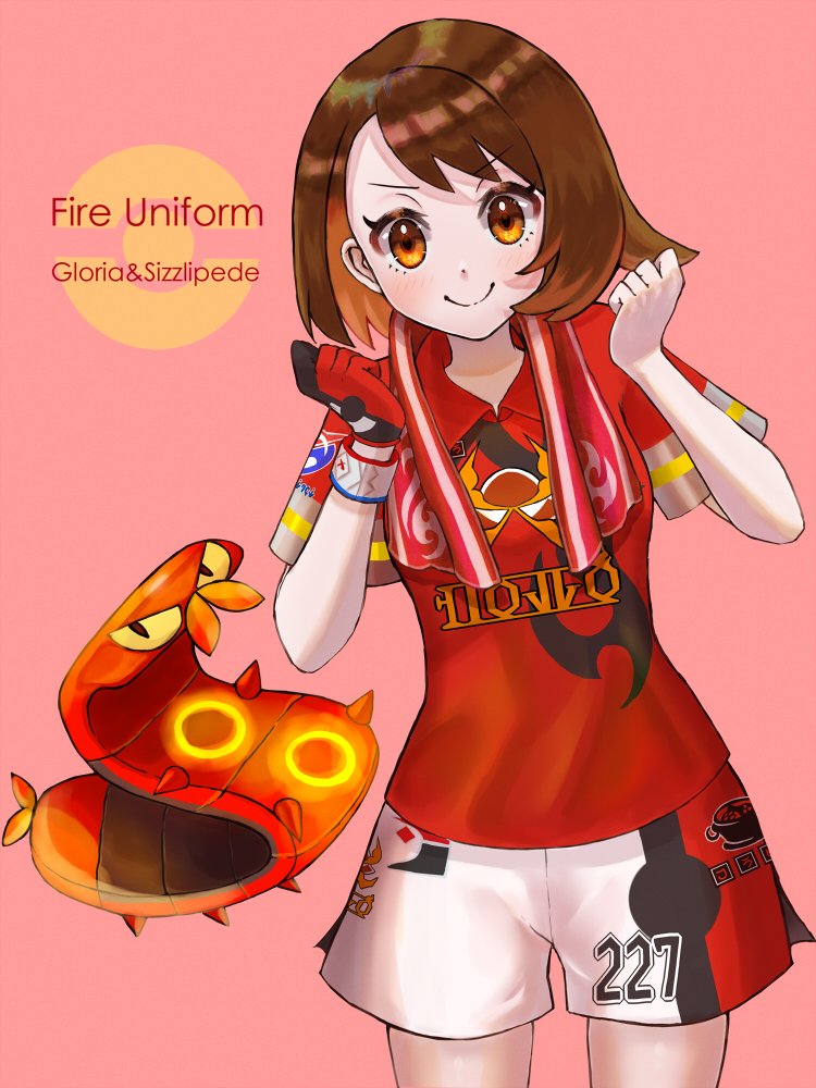 1girl alternate_costume bangs blush bob_cut brown_eyes brown_hair clenched_hands closed_mouth collared_shirt commentary_request dynamax_band eyebrows_visible_through_hair eyelashes gen_8_pokemon gloria_(pokemon) gloves hands_up looking_at_viewer number pokemon pokemon_(creature) pokemon_(game) pokemon_swsh red_shirt setta_shu shiny shiny_hair shirt short_hair short_sleeves shorts side_slit side_slit_shorts single_glove sizzlipede smile