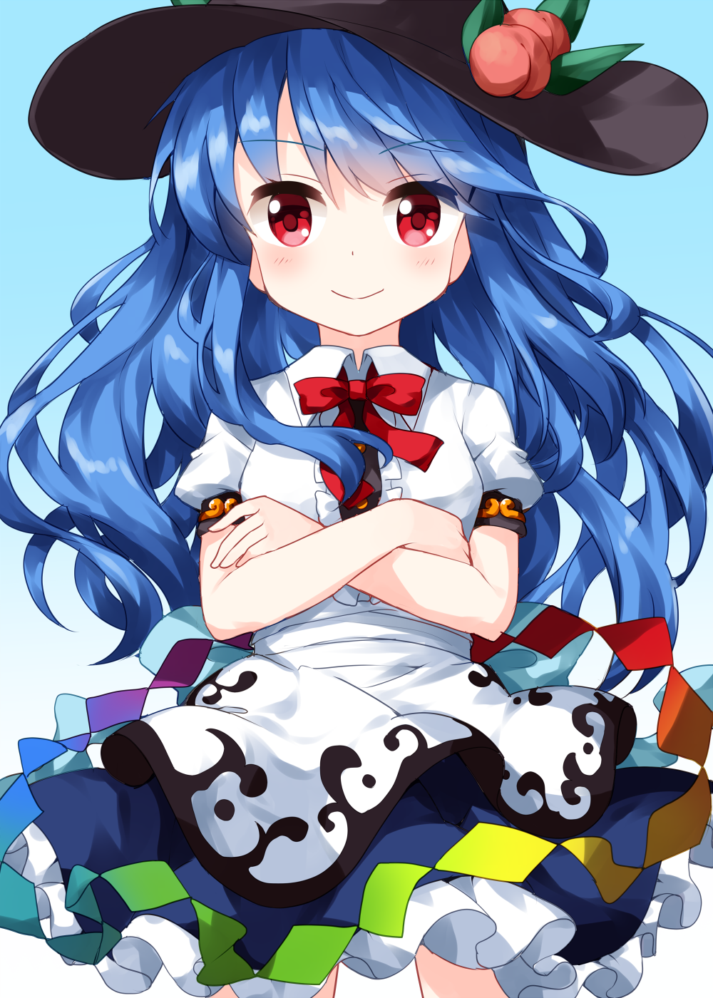 1girl bangs black_headwear blue_background blue_hair blue_skirt bow bowtie buttons center_frills closed_mouth collared_shirt cowboy_shot crossed_arms eyebrows_visible_through_hair food frilled_skirt frills fruit gradient gradient_background highres hinanawi_tenshi leaf long_hair looking_at_viewer peach rainbow_order red_bow red_eyes red_neckwear ruu_(tksymkw) shirt short_sleeves skirt smile solo standing touhou v-shaped_eyebrows white_shirt