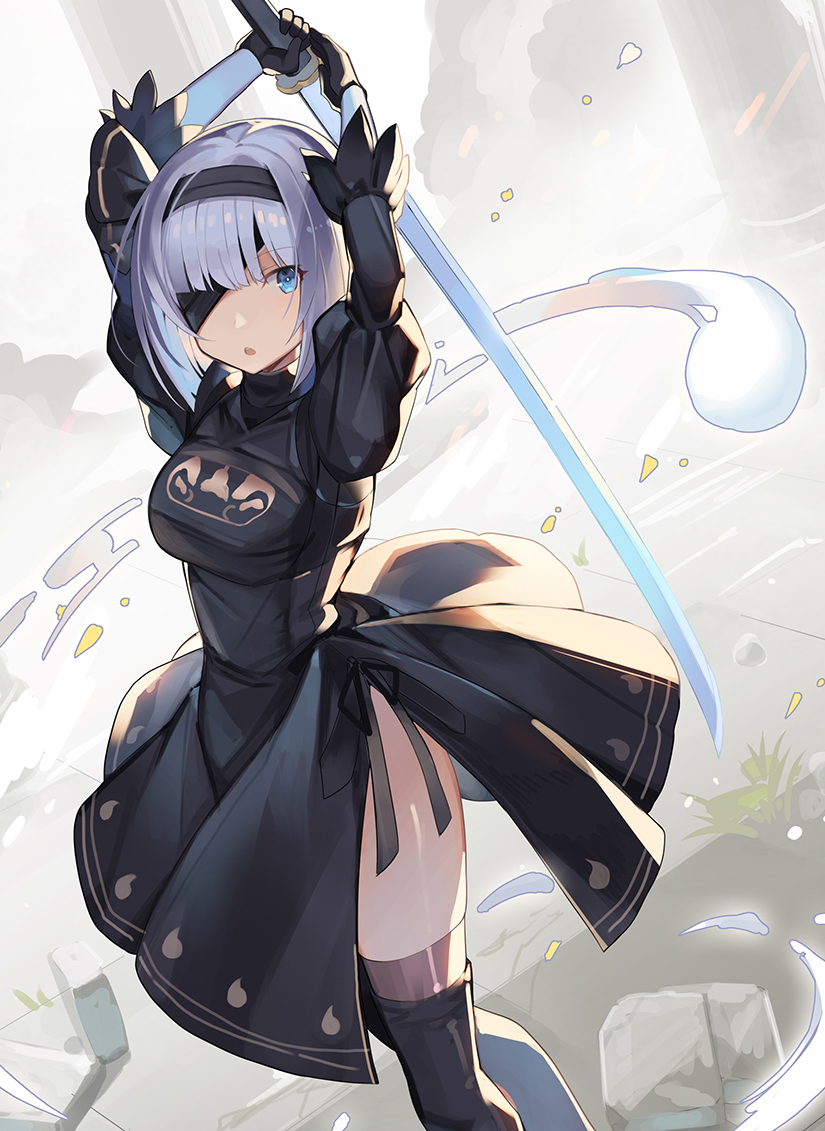 1girl :o alternate_costume arms_up black_blindfold black_dress black_hairband black_legwear black_ribbon blindfold blue_eyes bob_cut breasts bright_pupils chestnut_mouth commentary_request cosplay dress dutch_angle feet_out_of_frame fog hairband hitodama hitodama_print holding holding_sword holding_weapon juliet_sleeves katana konpaku_youmu konpaku_youmu_(ghost) long_sleeves looking_at_viewer medium_breasts nier_(series) nier_automata one_eye_covered open_mouth over-kneehighs puffy_sleeves ribbon rin_falcon rubble short_hair side_slit silver_hair solo sword thigh-highs tile_floor tiles touhou weapon white_pupils yorha_no._2_type_b yorha_no._2_type_b_(cosplay)