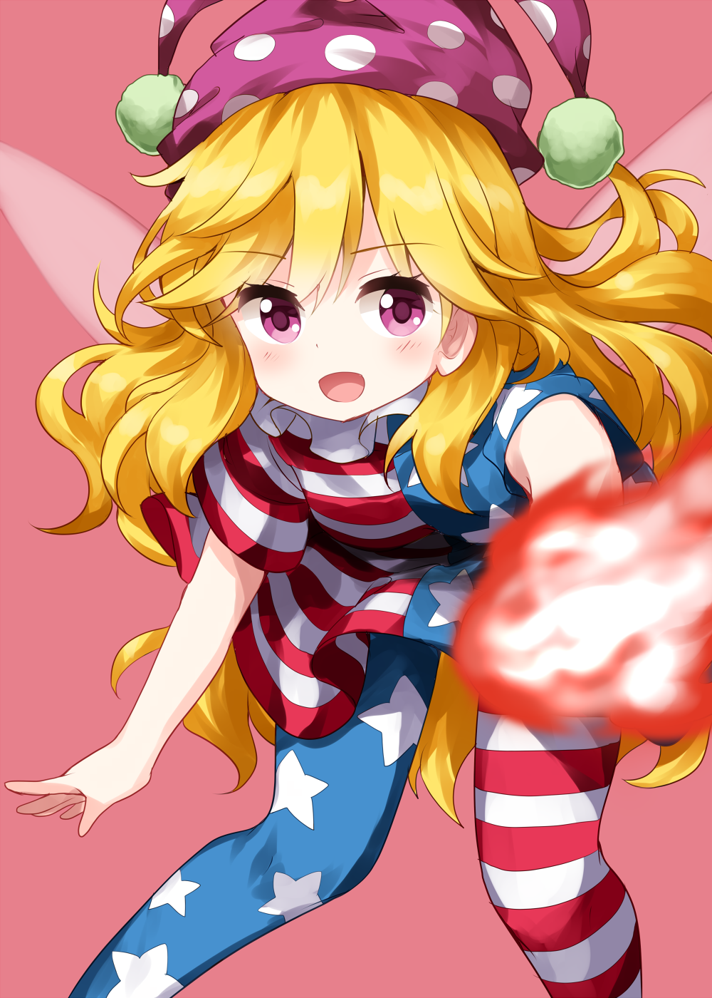 1girl american_flag american_flag_dress american_flag_legwear bangs blonde_hair clownpiece dress eyebrows_visible_through_hair fairy fairy_wings fire frilled_shirt_collar frills hat highres jester_cap leggings long_hair looking_at_viewer neck_ruff open_mouth pink_background pink_eyes polka_dot pom_pom_(clothes) pyrokinesis ruu_(tksymkw) short_sleeves simple_background smile solo standing star_(symbol) star_print striped striped_dress striped_legwear touhou v-shaped_eyebrows very_long_hair wings