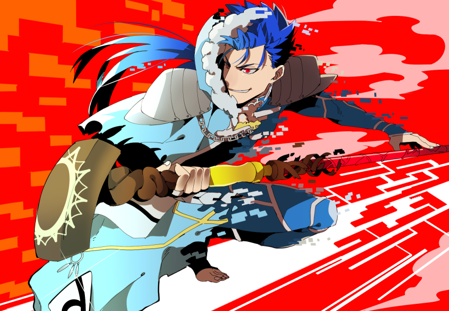 1boy armor blue_hair bodysuit capelet chain closed_mouth cu_chulainn_(fate)_(all) cu_chulainn_(fate/grand_order) earrings fate/grand_order fate/stay_night fate_(series) fur-trimmed_hood fur_trim gae_bolg grin harem_pants holding holding_polearm holding_staff holding_weapon hood hood_up hooded_capelet jewelry kystktstura lancer long_hair looking_to_the_side male_focus multiple_persona pants pauldrons polearm ponytail red_eyes shoulder_armor skin_tight smile solo spiky_hair staff toeless_legwear transformation type-moon weapon wooden_staff