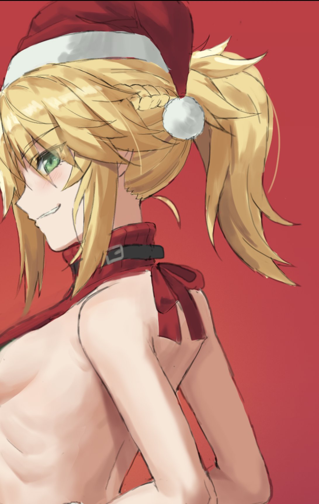 1girl arched_back bangs bare_arms bare_shoulders blonde_hair braid breasts eyebrows_visible_through_hair fate/apocrypha fate_(series) from_side green_eyes hat highres long_hair looking_at_viewer looking_to_the_side meme_attire mordred_(fate) mordred_(fate)_(all) no_bra ponytail profile red_background red_sweater santa_hat sideboob small_breasts smile solo sweater teeth tonee type-moon virgin_killer_sweater