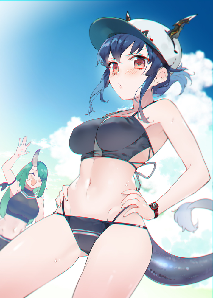 2girls :d arknights arm_ribbon bangs baseball_cap bikini black_bikini blue_hair blurry blurry_background blush ch'en_(arknights) closed_eyes closed_mouth clouds cloudy_sky commentary depth_of_field dragon_horns dragon_tail frown hair_over_one_eye hair_up hands_on_hips hat horns horns_through_headwear hoshiguma_(arknights) koba long_hair looking_at_viewer medium_hair multi-strapped_bikini multiple_girls navel oni_horns open_mouth red_eyes ribbon short_ponytail sidelocks single_horn sky smile standing swimsuit tail watch watch waving wet white_headwear